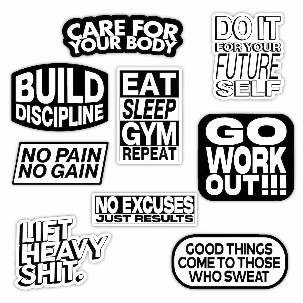 Work Out Sticker Gym Motivation Sticker 9 Pack (Black and White) – Big Moods
