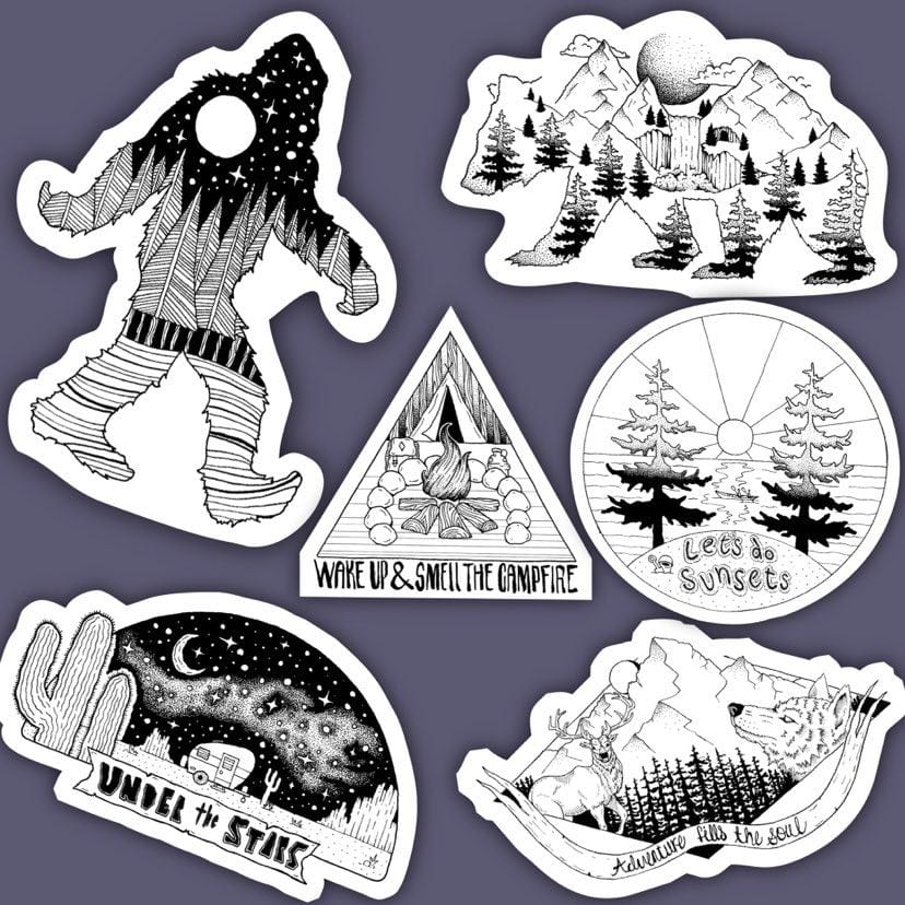 Black and white stickers Wild nature printable sticker pack