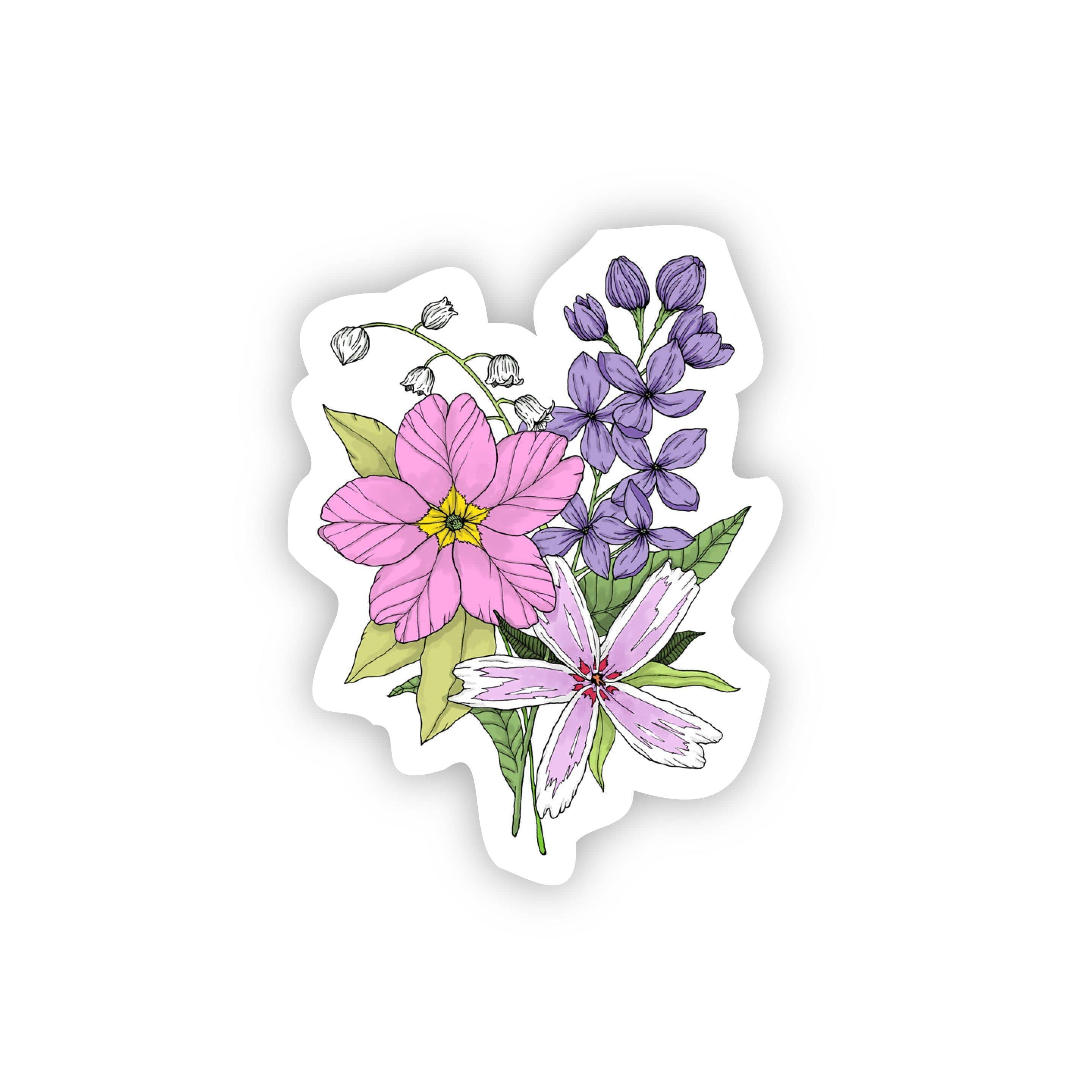 lily flower decal Flower Bouquet Primrose Lilac Creeping Phlox Lily Of The Valley | Waterproof Vinyl Sticker | 3" X 2"